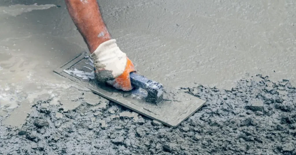 A construction worker smoothing freshly poured concrete with a trowel. Contact Us at Concrete Invercargill for professional concrete services. Contact Us today for expert assistance